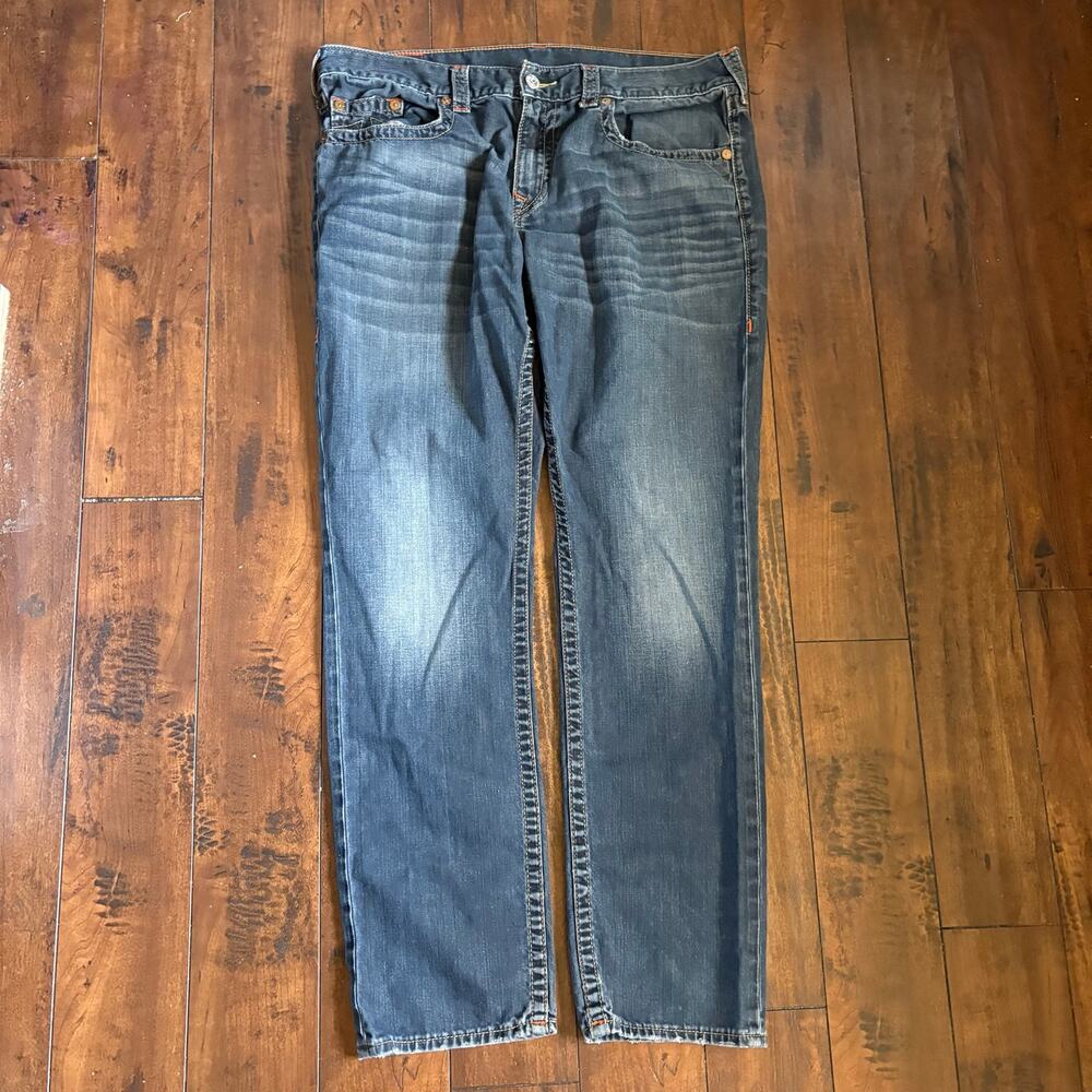 True Religion Jeans Mens 38x32 Blue Slim Fit Streetwear Faded Distressed